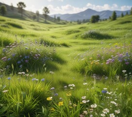 Obraz premium Lush green grass with a few scattered wildflowers on a warm sunny day, landscape photography, outdoors, natural