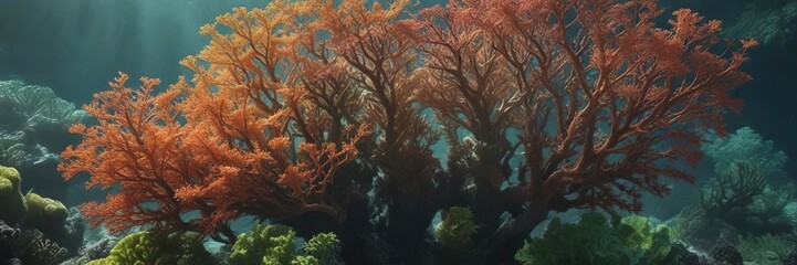 Obraz premium Majestic sea fans and colorful coral amidst a bed of wavy green seaweed, seafloor scenery, seaweed