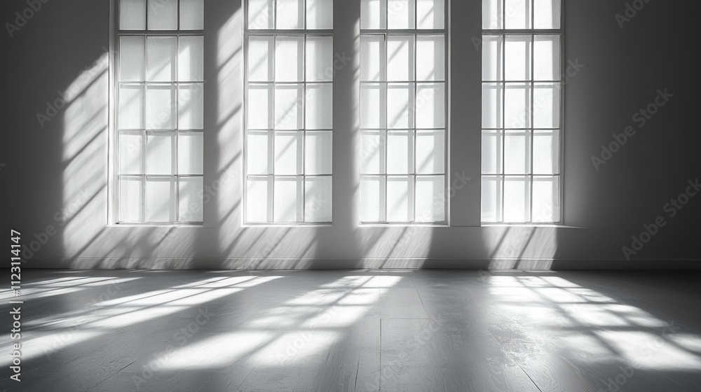 Poster Bright light streams through multiple windows, casting intricate shadow patterns across a soft gray floor, enhancing a serene atmosphere