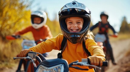 Happy child wearing helmet riding dirt bike on sunny day with friends on off-road trail surrounded by trees