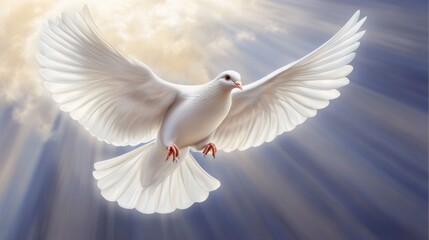 Majestic White Dove in Flight with Rays of Light and Soft Clouds