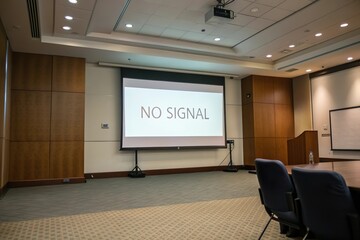 Projector screen with no signal error in conference room. Technology and failure 