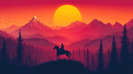Fototapeta premium A silhouette of a rider on horseback against a vibrant sunset over mountains, creating a serene and adventurous atmosphere.