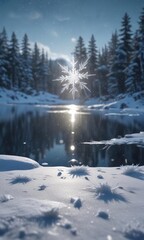Sparkly snowflakes gently falling on a frozen lake, snowy surroundings, serene atmosphere, winter wonderland scenery