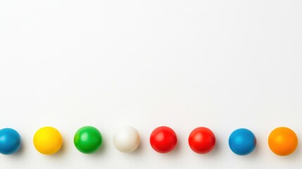 Obraz premium A row of colorful balls arranged on a white surface, showcasing vibrant hues.