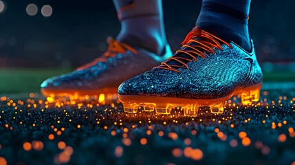 Vibrant Soccer Cleats with Luminous Soles on Grass Field, Capturing the Essence of Athleticism and Energy in Sports Footwear