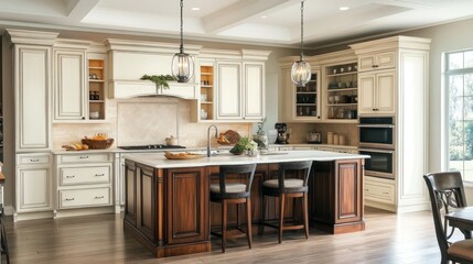 A hybrid kitchen concept showcasing sketched cabinets and a photo-realistic island with contemporary furniture elements