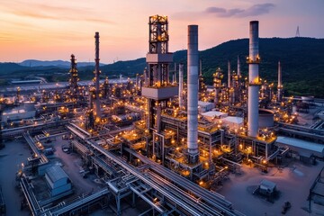 A large industrial plant at sunset, featuring towering smokestacks and extensive piping systems, illuminated by numerous lights.