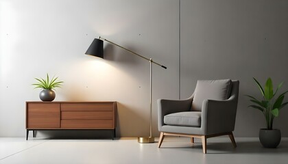 A modern living room with a wooden cabinet, a gray armchair, and a floor lamp with a triangular shade against a concrete wall