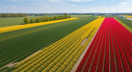 Vibrant aerial view of colorful tulip fields in spring