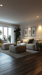 Fototapeta premium Minimalist Grey Living Room Interior with Contemporary Sofas and Subtle Lighting Accents