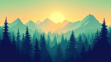 Fototapeta premium A serene landscape depicting mountains and a forest at sunrise, evoking tranquility and natural beauty.