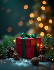 Festive Christmas and New Year gifts and pine cones and branches on bokeh background, surrounded by holiday decorations