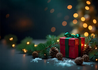 Festive Christmas and New Year gifts and pine cones and branches on bokeh background, surrounded by holiday decorations