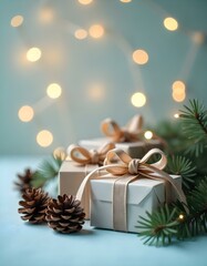 Festive Christmas and New Year gifts and pine cones and branches on bokeh background, surrounded by holiday decorations