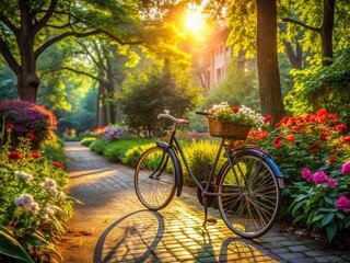 Fototapeta premium Urban Exploration Photography: A Bicycle Park Scene Showcasing Nature's Beauty Amidst City Life, Inviting Adventure and Serenity for Cycling Enthusiasts and Nature Lovers