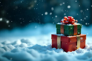 Festive Christmas and New Year gifts on snow bokeh background, surrounded by snow
