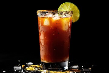 Photograph of a red michelada with lime, on a black background, high-resolution photography