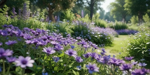 Fototapeta premium Blooming flowers with purple and blue petals in a lush green garden, flower arrangements, purple and blue flowers