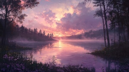Fototapeta premium A serene landscape featuring a tranquil lake at sunset, surrounded by trees and mist, evoking a sense of peace and natural beauty.