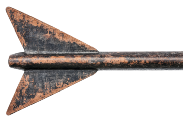 A detailed arrowhead with a metal shaft, showcasing an aged, worn appearance and distinct triangular fins.