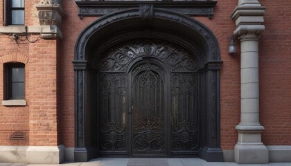 Naklejka premium Brick wall with intricate stonework and ornate metalwork in an old Manhattan brownstone, brownstone, stonework