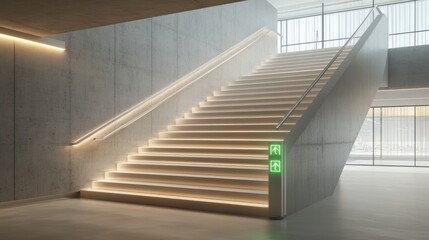 A modern office staircase with illuminated green exit signs, designed for emergency evacuation in a large building