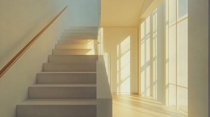 Fototapeta premium A modern staircase with a minimalist railing, subtle textures on the steps, and bright natural lighting enhancing the space