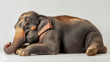 A large, majestic elephant sitting peacefully against a pristine white background