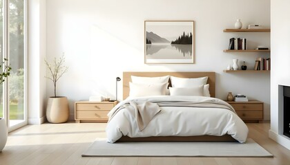 Fototapeta premium A minimalist and cozy bedroom with a wooden bed frame, neutral-colored bedding, and a framed black and white landscape artwork on the wall.