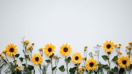 Obraz premium A row of vibrant sunflowers against a light background, creating a cheerful atmosphere.