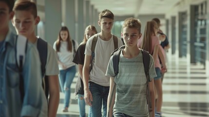 Obraz premium A Group of Teenage Students Walking in the High School Hallway, Chatting, Laughing, with Backpacks on Their Shoulders, Full of Youthful Energy.