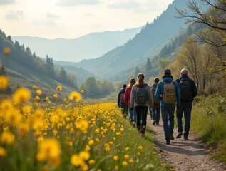 Tourists enjoying a scenic spring route, embracing nature's beauty