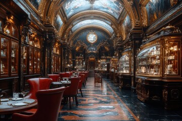 Fototapeta premium Elegant dining room with ornate decor, showcasing luxurious furnishings and ambiance.