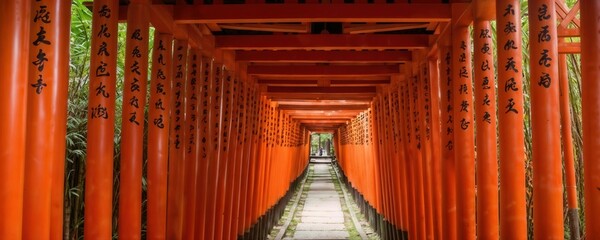 tunnel of traditional orange torii gates with Japanese calligraphy at Fushimi Inari Shrine. Sacred pathway creates stunning perspective through vermillion archways