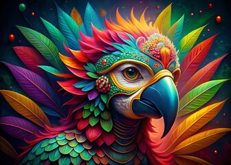 Fototapeta premium Vibrant 2D Illustration of a Parrot Wearing a Carnival Mask in Isolation Against a Colorful Background for Creative Projects and Designs