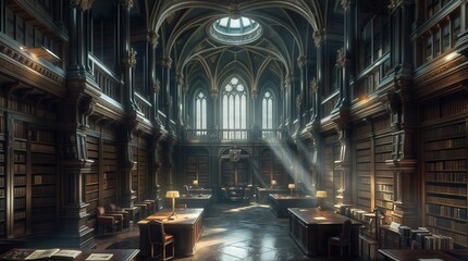 Fototapeta premium Grand gothic library interior with soaring vaulted ceilings, ornate wooden bookshelves, and dramatic sunbeams streaming through stained glass windows. 