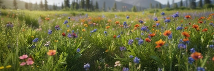 Flax plants growing in a lush meadow with colorful wildflowers and buzzing insects, flax field, wildflower field