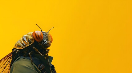 A cicada in a military pilot uniform, standing confidently against a bright yellow background with open space for emphasis.
