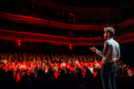 A speaker presenting to a full audience at a conference