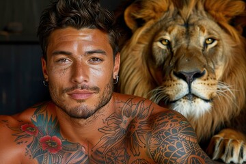 Vibrant Tattooed Man With A Watchful Lion