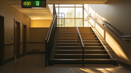 A well-maintained stairwell in a building with green exit signs and modern railings, guiding visitors to the safe exit route