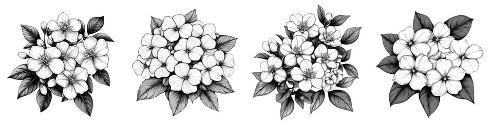 Fototapeta premium Elegant and minimalist monochrome featuring a stylized arrangement of aromatic jasmine flowers with their delicate blossoms and leaves in a modern botanical design
