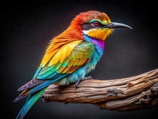 Fototapeta premium Vibrant Bird Perched on a Dry, Wrinkled Branch Against a Black Background, Showcasing Macro Photography of Nature's Colorful Beauty and Intricate Details