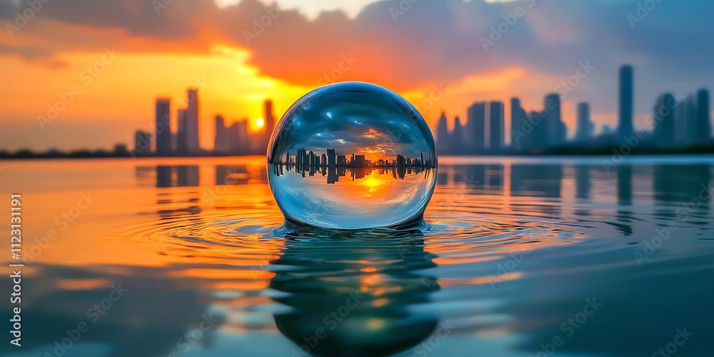 Poster a crystal ball reflecting a sunset over a city skyline, creating a surreal visual effect.