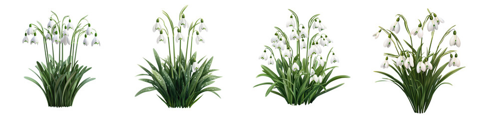 Fototapeta premium Closeup view of a bush of delicate white snowdrop flowers with soft petals blooming in a lush spring garden The snowdrops grow among the green foliage creating a beautiful peaceful and natural scene
