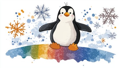 Fototapeta premium A happy penguin sliding down an icy rainbow slope, surrounded by snowflakes and icy sparkles.