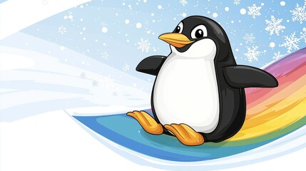 Obraz premium A happy penguin sliding down an icy rainbow slope, surrounded by snowflakes and icy sparkles.