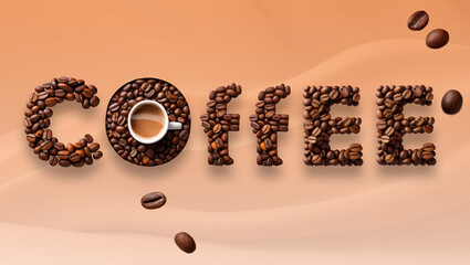 coffee beans background, 3d coffee beans on pastel background, with cup of coffee