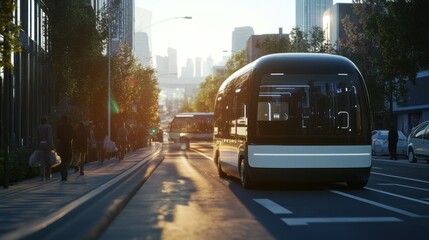 Obraz premium Futuristic Electric Bus Driving Through a City Street at Sunset